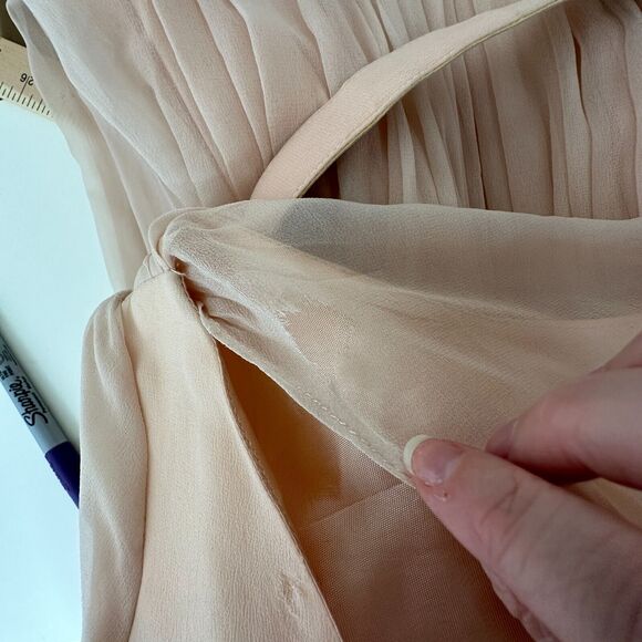 Vintage Size 15 Peach Chiffon Pleated Belted Sleeveless Dress Drape Neck BackZip - Picture 11 of 16